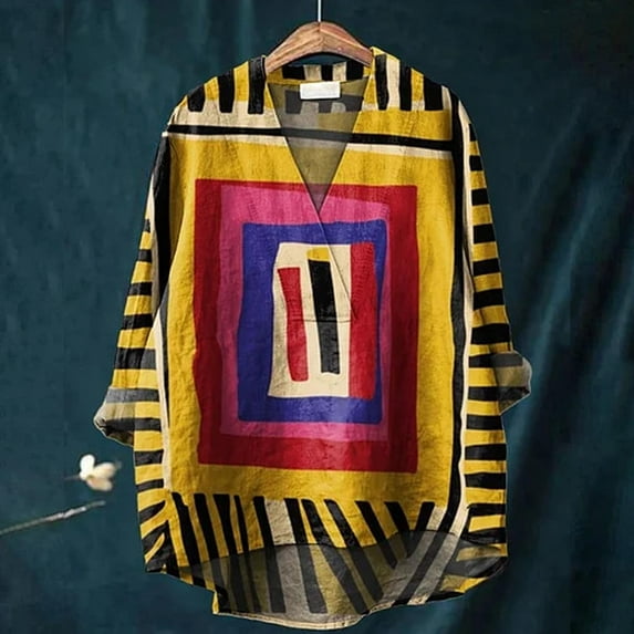 Yellow Womens Tops Ethnical Symmetrical Pattern Printed Women's Casual Cotton and Linen V Neck Shirt Normaler Preis Shirts for Women