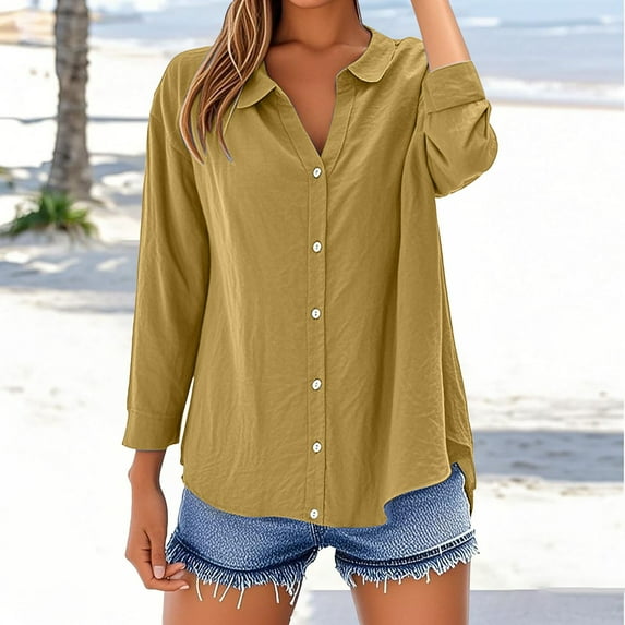 Yellow Womens Tops Loose Shirt Top Stand Solid Color Long Sleeve Lapel Collar Casual Women's Shirt Women's Shirts for Women