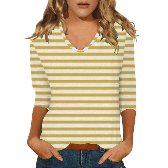 Yellow Womens Tops Tops for Womens Casual Summer Tops Three Quarter Sleeve Round Neck Tee T Shirt Loose Side Split Tunic Blouse Shirts for Women