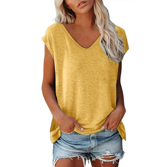 Yellow Womens Tops Women Cap Sleeve Summer Casual Tops V Neck Solid Color Casual Shirts Loose Fit Blouse Shirts for Women