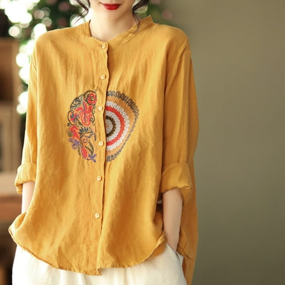 Yellow Womens Tops Women's Casual Large Size Literary Cotton Long Sleeved Shirt Loose Embroidered Top Shirts for Women