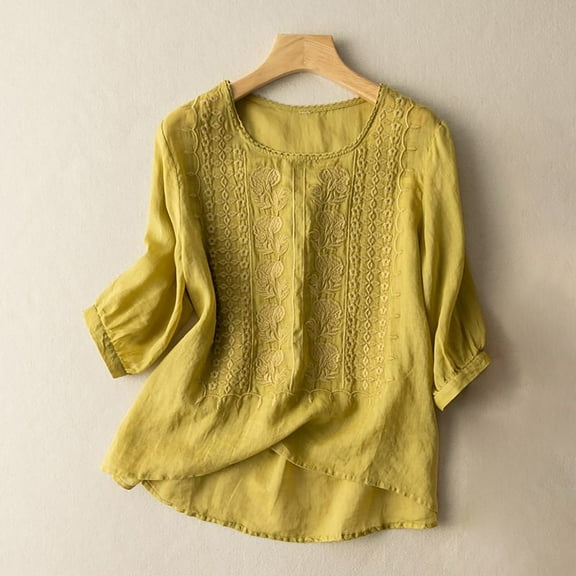 Womens Summer Tops Women's Fashionable Casual Solid Color Pleated Cotton and Linen Tops Shirts and T Shirts Shirts for Women