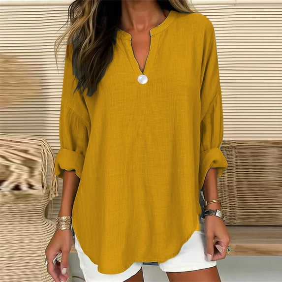 Yellow Womens Tops Women's Long Sleeve Solid Color Button V Neck Cotton and Linen Shirt Loose T Shirts for Women