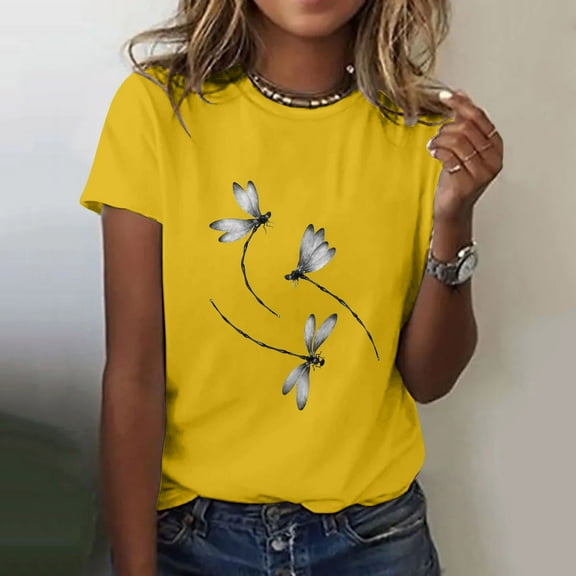 Yellow Womens Tops Women's Print Shirt Short Sleeve Round Neck T Shirt Fashion Top Lightweight Soft Casual Summer Clothing Clothes Shirts for Women