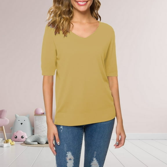Yellow Womens Tops Women's Short Sleeves Sweaters V Neck Soft Pullover Top Shirts for Women