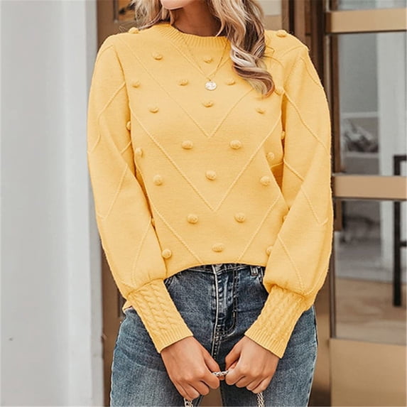 Yellow Womens Tops Women's Solid Color Hairball Sweater Loose Long Sleeved Crew Neck Pullover Sweater Fall Outfits for Women 2025