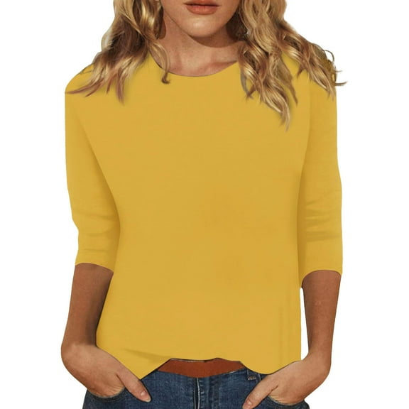 Yellow Womens Tops Women's Solid Color Round Neck Slim 3/4 Sleeve T Shirt Top Shirts for Women