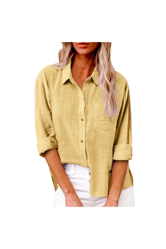 Yellow Womens Tops Women's Summer Solid Color Cotton and Linen Shirt with Pockets and Slit Long Sleeves Shirts for Women