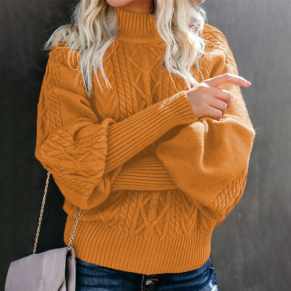 Yellow Womens Tops Women's Winter New Mid Neck Loose Long Sleeve Knitted Solid Color Sweater Fall Outfits for Women 2025