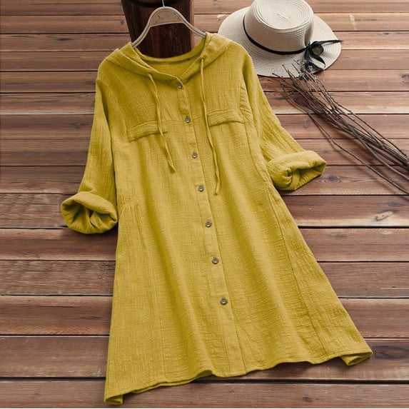 Yellow Womens Tops Womens Casual Button Plus Size Cotton Tops Tee Shirt Hooded Pocket Loose Blouse Shirts for Women