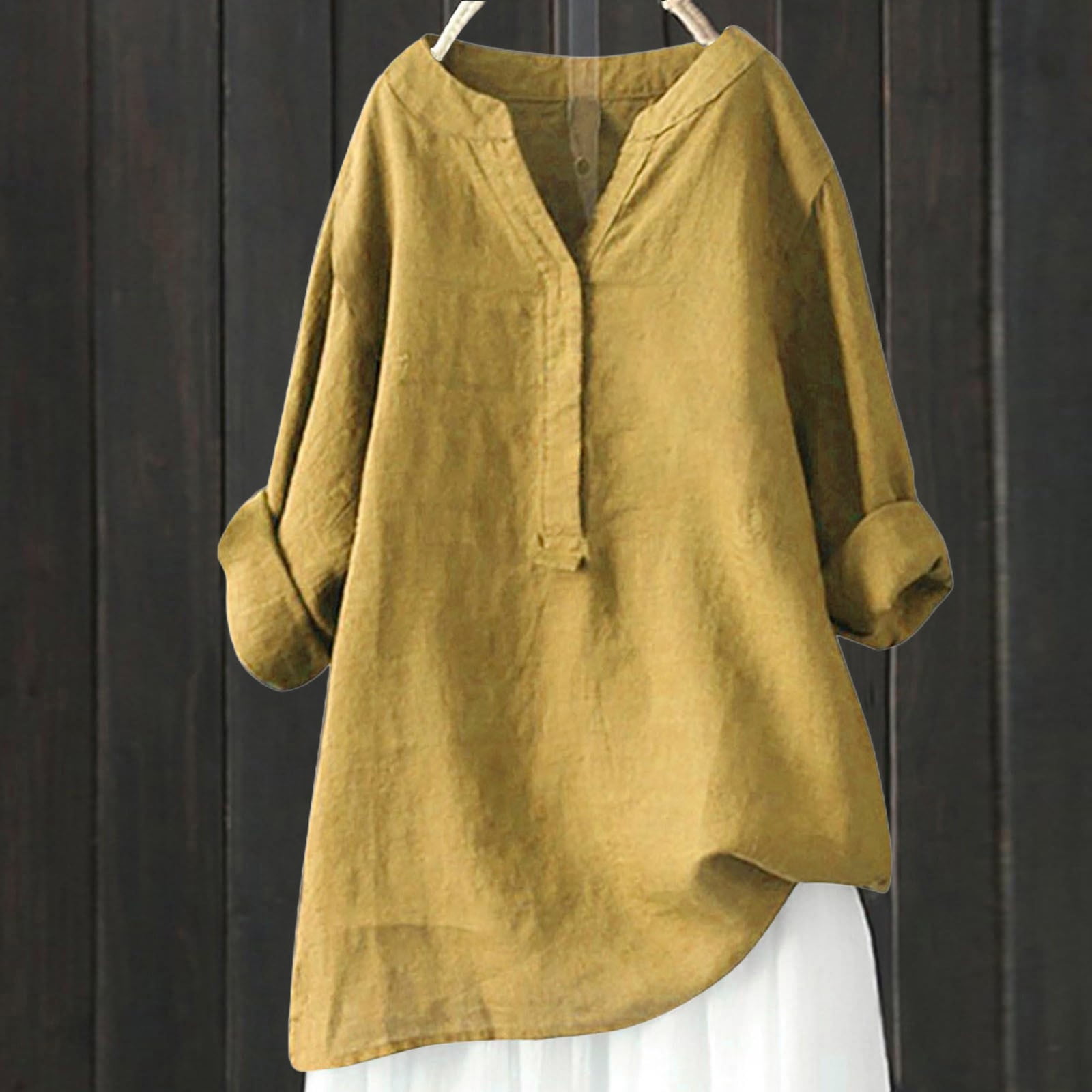 Plus Size Yellow Half Sleeve Cotton Linen Summer Top