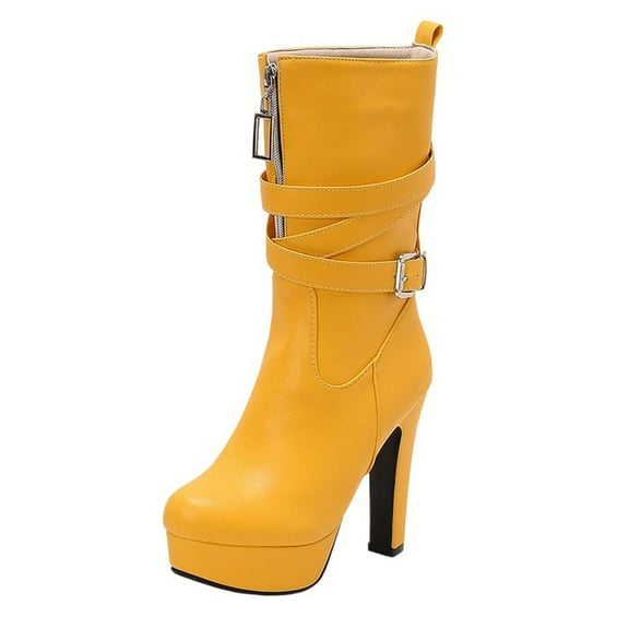 Yellow Womens Yellow Pu Ankle Boots With Round Toe And Front Zipper For Winter Casual And High Heel