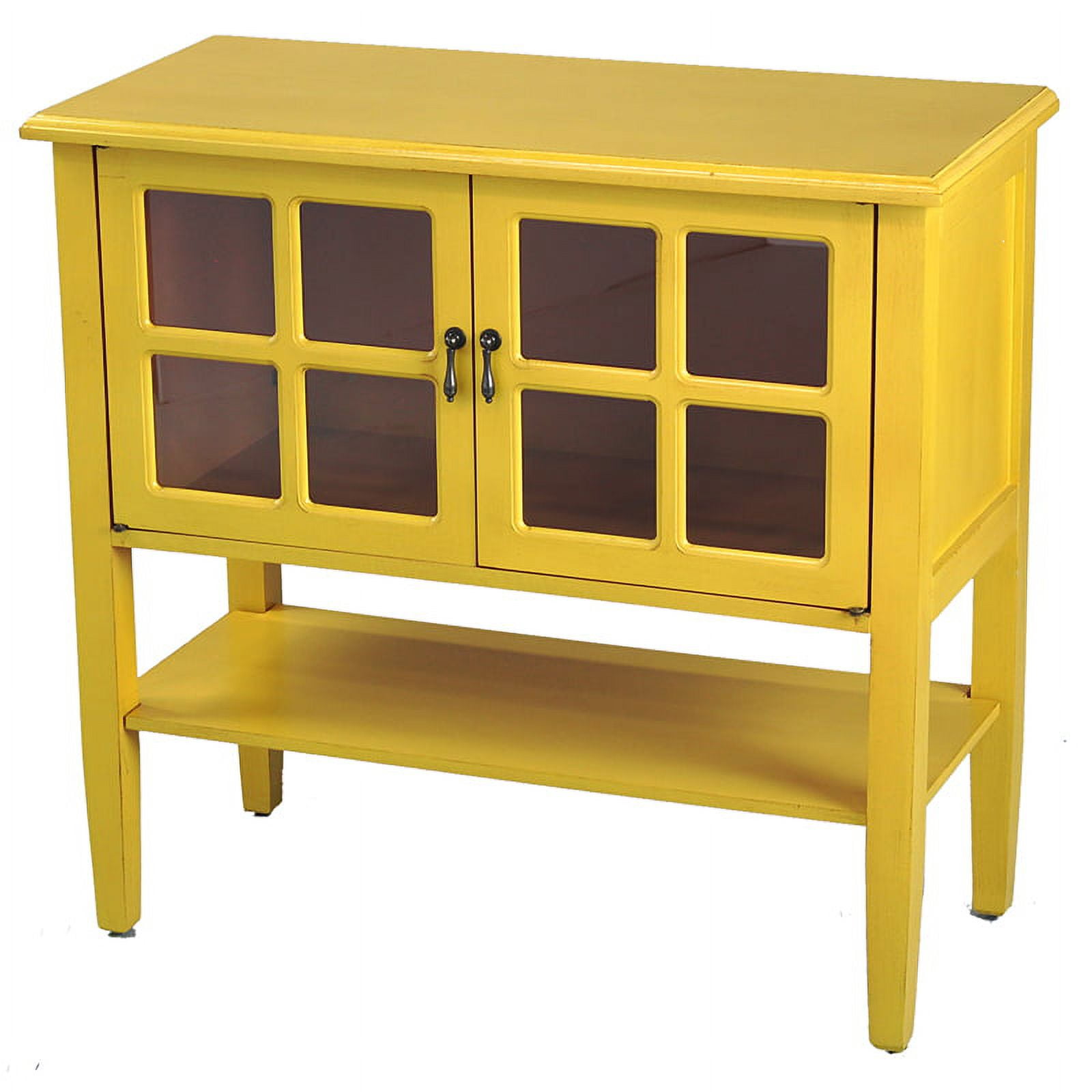 Yellow Wood Clear Glass Console Cabinet with a Shelf 2 Doors and