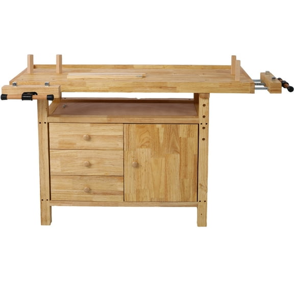 Yellow Wood Workbench - Heavy-Duty Wooden Workbench for Garage Workshop Home, Equipped with 7 Inch Jaw Width Rapid Action Cast Iron Woodworking Vise