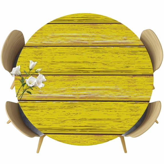 Yellow Wooden Grain Round Tablecloth, Fitted Table Cover with Elastic for 55"-60" Round Tables, Country Shabby Planks Rural Table Cloth Outdoor Indoor Dinning Party Waterproof Tablecloths