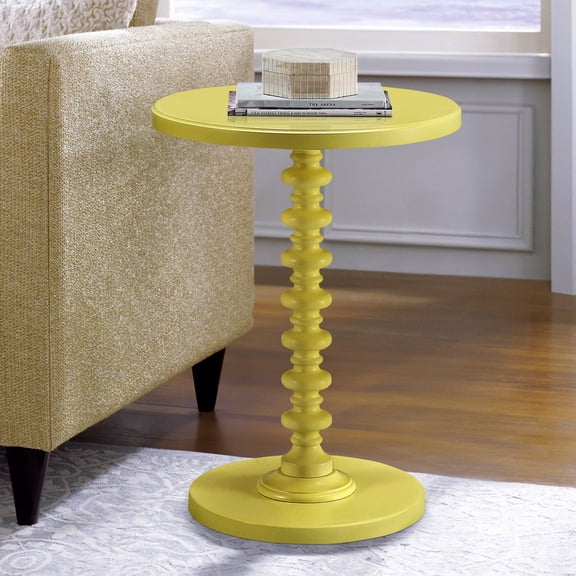 Yellow Wooden Round Side Table With Ornate Pedestal For Decoration Elegant Intricate Base Room