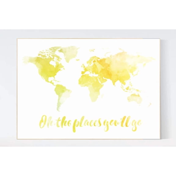 Yellow World Map Travel Nursery Poster