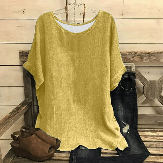 Yellow XL WIZUTIZ Tops Women's Clearance Sales Summer-Beach Flowy Plain Tshirt Solid Cotton Blend Short Sleeve Shirts Fluffy Crew Neck Blouse Linen Ultra Soft Tee T-shirt Retro Plus Ladies Tshirts To