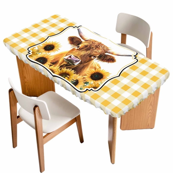 Yellow Yak Table Cloths for 4 Foot Rectangle Tables, Sunflowers Checkered Elegant Pastoral Buffalo Patio Waterproof Elastic Fitted Tablecloths, Washable Rectangular Table Cover for Camping