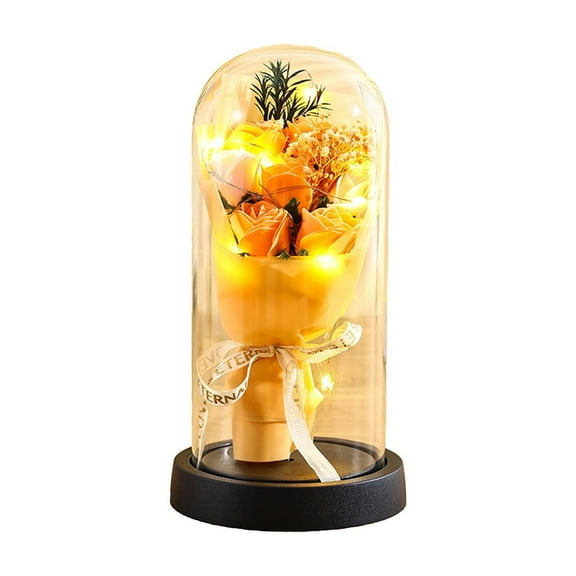 Yellow Yellow Eternal Rose In Glass Dome With Led Light Up Gift For Her Women Birthday Anniversary Decor