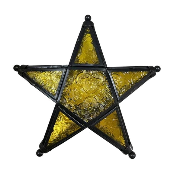 Yellow Yellow Five Point Star Windproof Candle Holder Colored Glass Lantern Metal Hanging Decor For Outdoor Garden