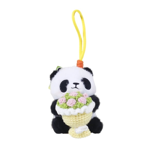 Yellow Yellow Panda Plush Toy With Crocheted Flower Bouquet Cute Stuffed Animal For Decor And Gift