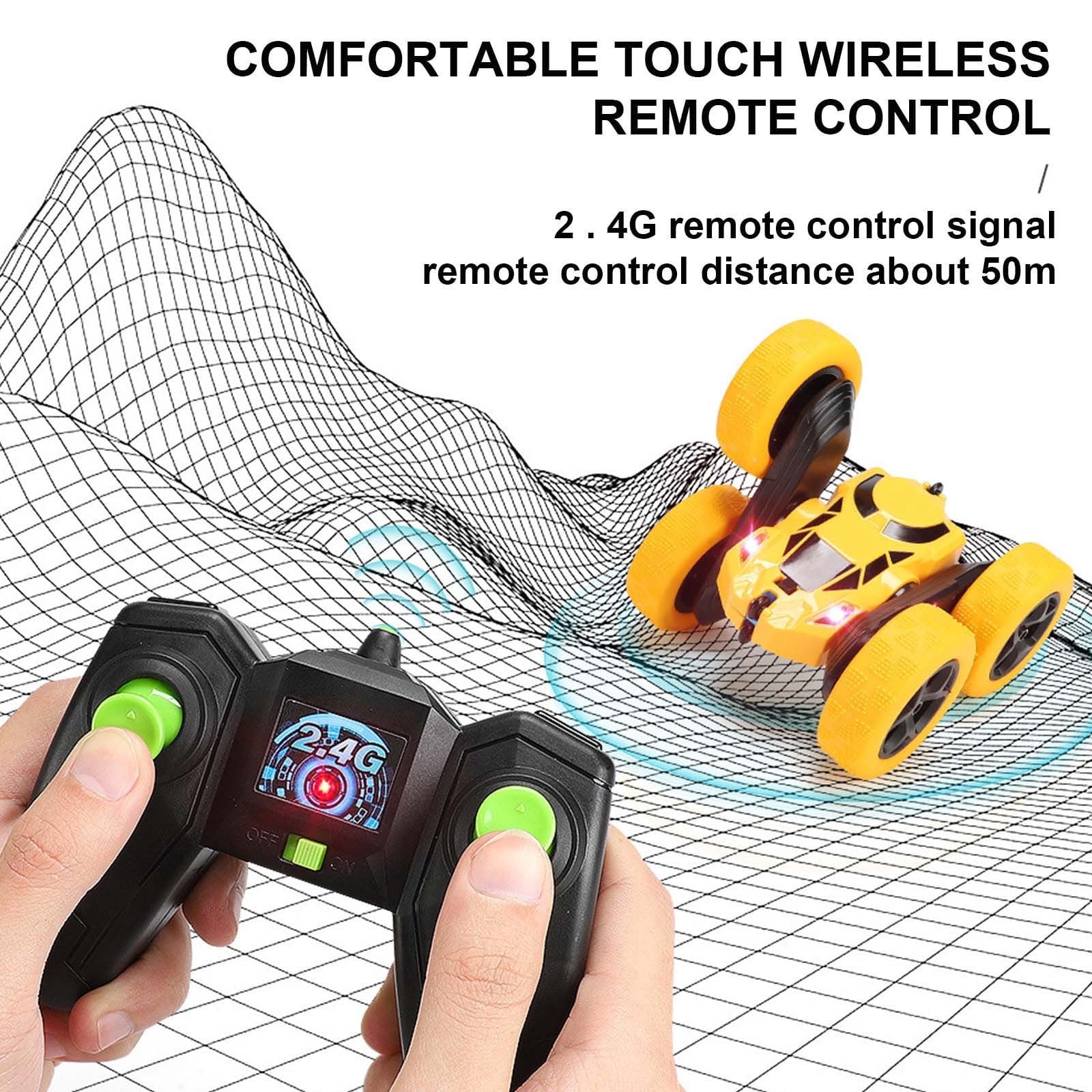 Yellow Yellow Rechargeable Double Sided Stunt Car 360 Degree Rotating Tumbling Rc Vehicle With Led Lights Remote Toy