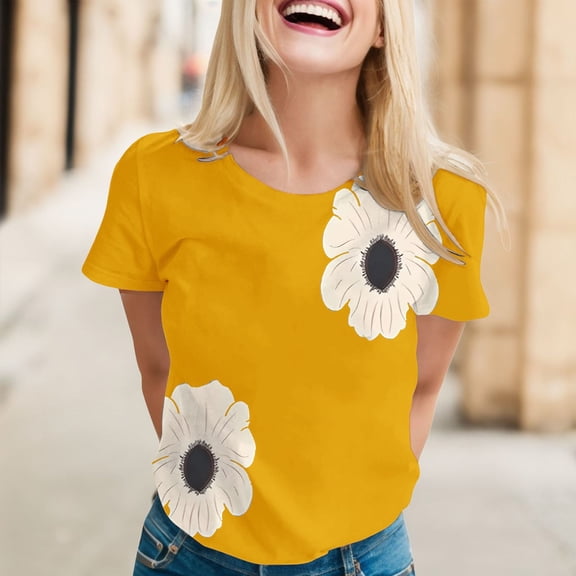 Yellow Young Adult Tops Women Daily Casual Flower Printed Short Sleeve O Neck T Shirt Tops Blouse Going Out Tops for Women