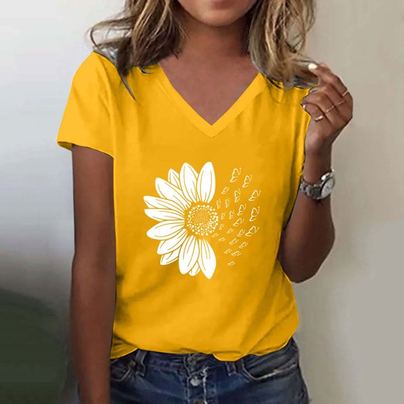 Yellow Young Adult Tops Women's Sunshade Summer T Shirt Plus Size Loose Top Top Girls Short Sleeve Graphic Casual V Neck T Shirt Going Out Tops for Women