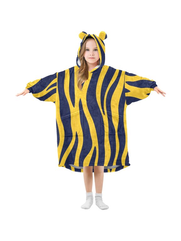 Yellow Zabra Skin Print Flannel Wearable Blankets Hooded Design Long Sleeves Wrap Unisex for 3T-14Y S