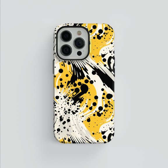 Yellow and Black Abstract Paint Splatter Tough Phone Case, Dual-Layer Protective Cover for iPhone
