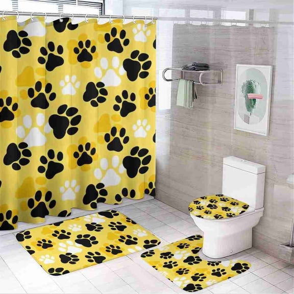 Yellow and Black Animal Paw Print 4-Piece Shower Curtain Set with Bath Mats and Toilet Lid Cover for Bathroom Decor
