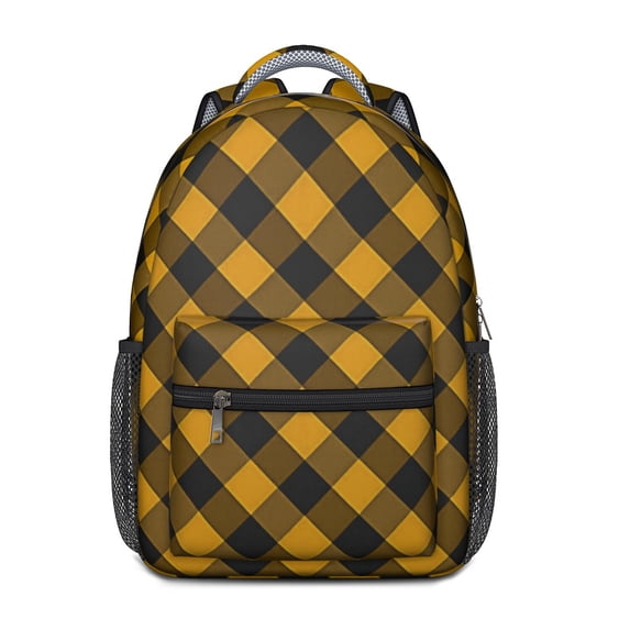 Yellow and Black Checkered Pattern Backpack for School, Cute School Bag with Adjustable Shoulder Straps and Padded Back, 15.3"x11"x6.7"
