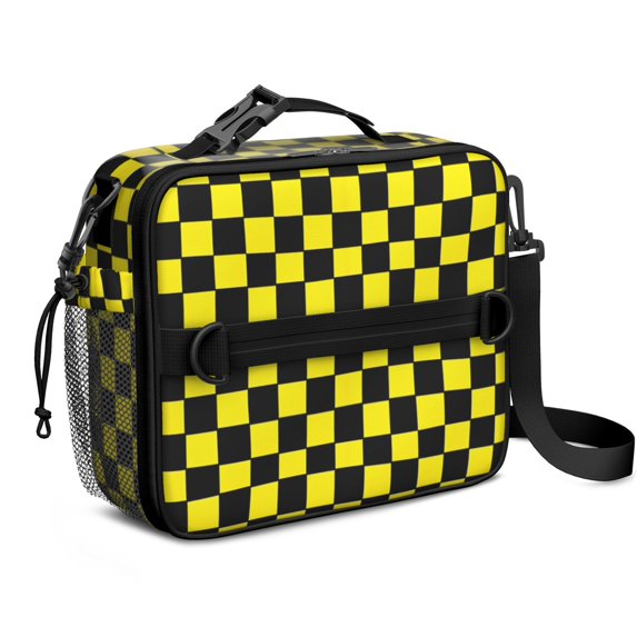 Yellow and Black Checkered Pattern Insulated Lunch Bag with Shoulder Strap and Bottle Holder,Bento School Lunch Bag Box,11x9.5x3.5 Inches