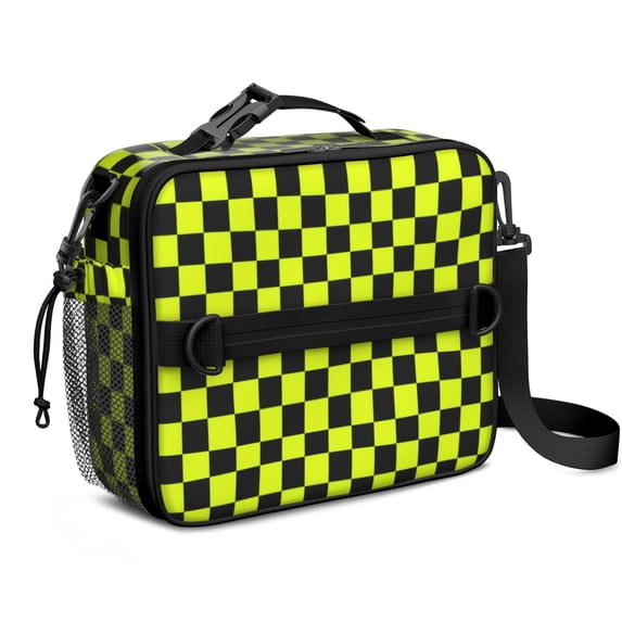 Yellow and Black Checkered Pattern Insulated Lunch Bag with Shoulder Strap and Bottle Holder,Bento School Lunch Bag Box,11x9.5x3.5 Inches