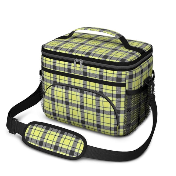Yellow and Black Checkered Pattern Insulated Lunch Box for Women Men, Medium Leakproof Cooler Bag with Adjustable Strap, 10"x6.7"x8"