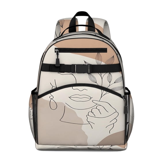 Brown Boho Line Art Face and Plant Pattern Backpack for School,Cute School Bag,Schoolbag with Adjustable Shoulder Straps & Padded Back,15.25"x11.5"x5.25"