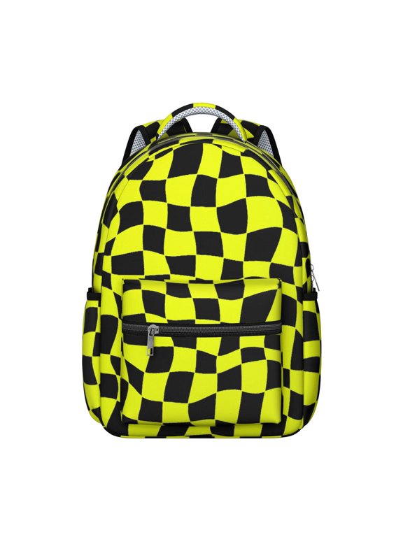 Yellow and Black Wavy Checkered Backpack for School, Cute School Bag with Adjustable Shoulder Straps and Padded Back, 15.3"x11"x7.1"