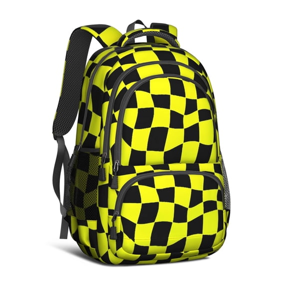 Yellow and Black Wavy Checkered Backpack for School, Cute School Bag with Adjustable Shoulder Straps and Padded Back, 16.9"x12.6"x5.9"