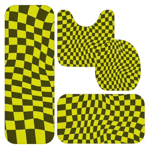 Yellow and Black Wavy Checkered Bathroom Rug Set 4 Piece,Includes Contour,Lid Cover,Bath Mat,Non-Slip Extra Soft Absorbent Washable