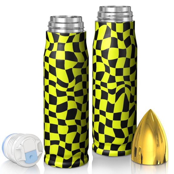 Yellow and Black Wavy Checkered Bullet Tumbler, Vacuum Insulated Reusable Thermal Bottle Bpa-free Pc Lid Gifts Ideas for Birthday Holiday Party