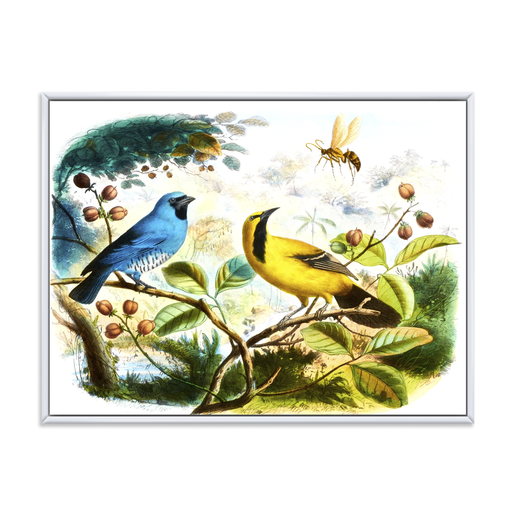 Yellow and Blue Bird In The Wild 32 in x 16 in Framed Painting Canvas Art Print, by Designart