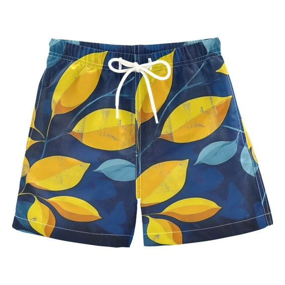 Yellow and Blue Leaves Boys Swim Trunks Quick Dry Boy Swim Shorts for 3-14 Years