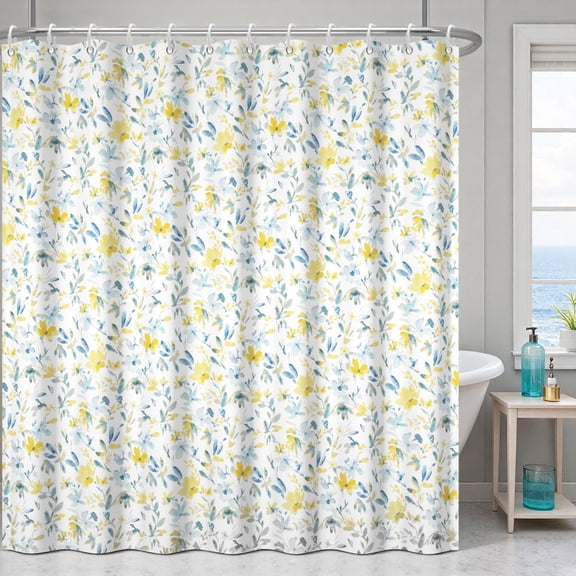 Yellow and Blue Watercolor Wildflower Farmhouse Cottagecore Shower Curtain Set with Hooks
