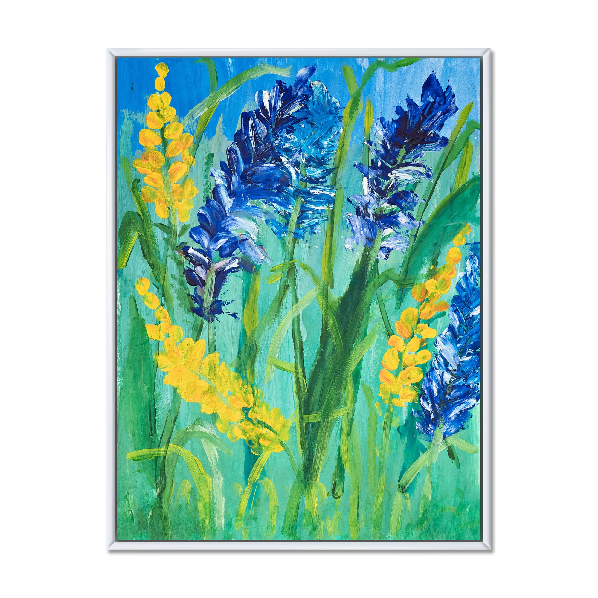 Yellow and Blue Wild Flowers and Grass Gouache 30 in x 40 in Framed Painting Canvas Art Print, by Designart