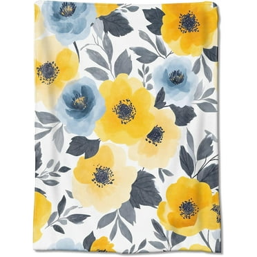Yellow and Gray Floral Design Fleece Throw Blanket Elegant and Cozy