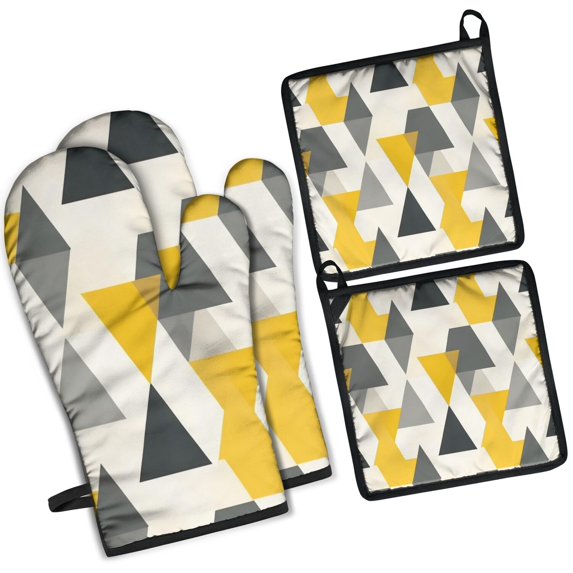 Yellow and Gray Modern Art Geometric Kitchen Oven Mitt and Pot Holder Sets 4 Pcs for Baking, Cooking and Grilling, Heat Resistant Up To 392 °F
