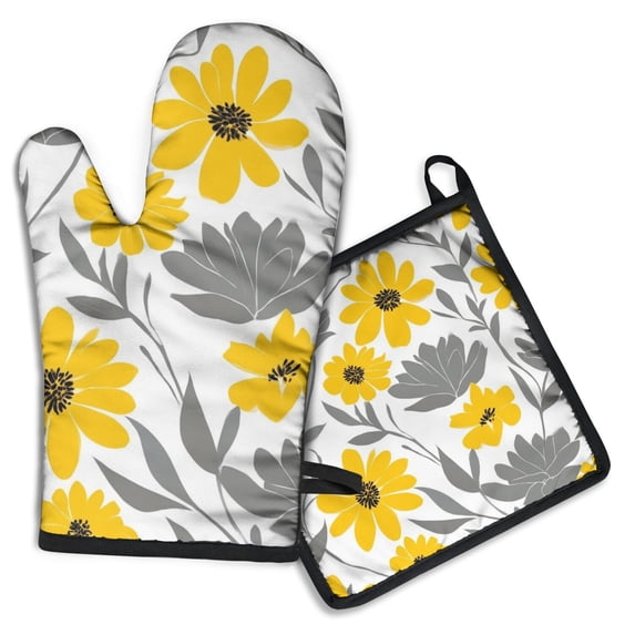 Yellow and Gray Pioneer Flower Kitchen Oven Mitt and Pot Holder Sets 2 Pcs for Baking, Cooking and Grilling, Heat Resistant Up To 392 °F