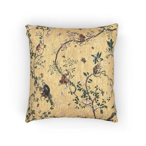 Yellow and Green Monkey Botanical Decorative Woven Pillow, 17 x 18 in, Cotton-Polyester Shell, Nature Style