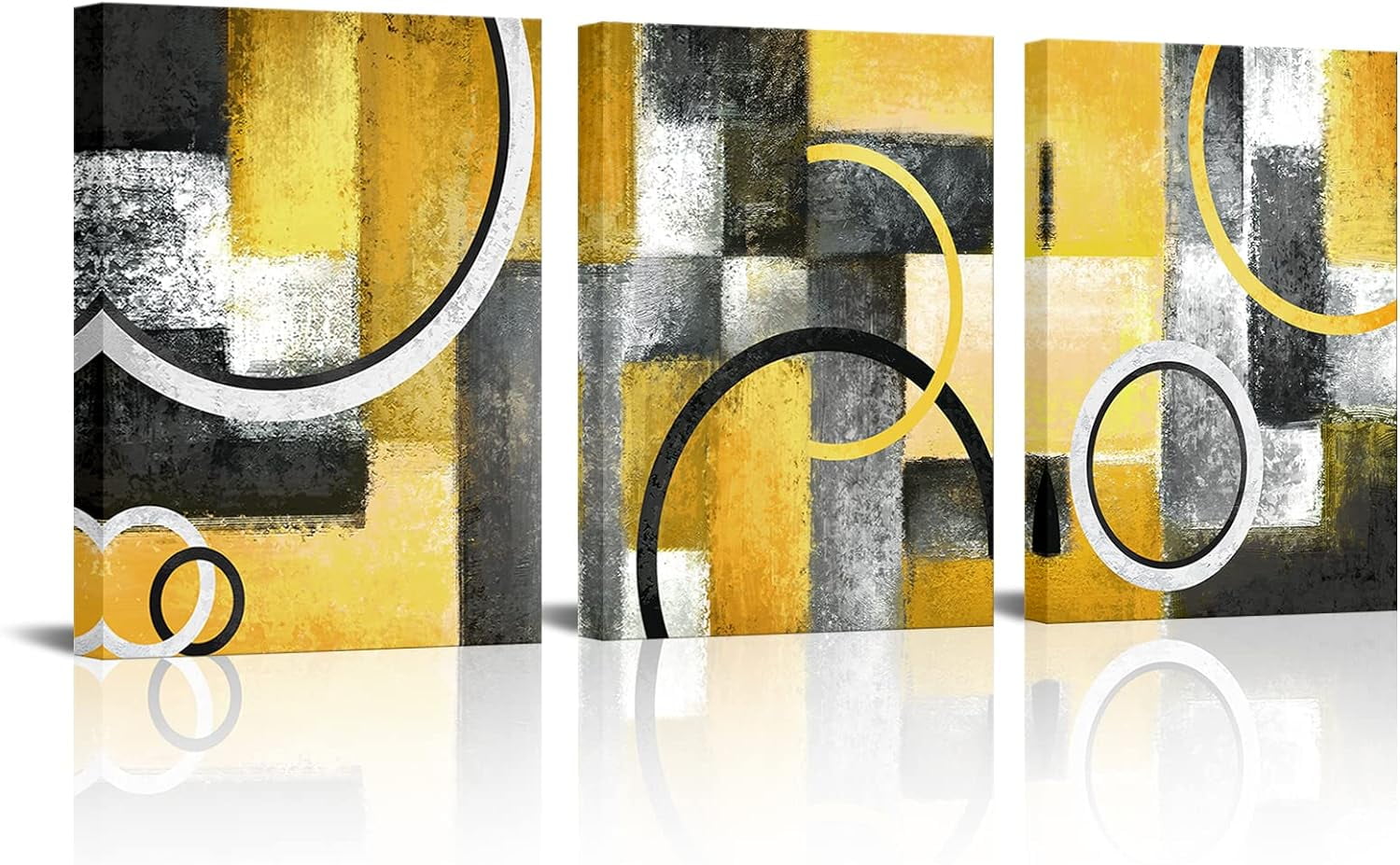 Yellow and Grey Abstract Geometric Circle Canvas Wall Art Set
